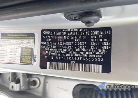 2014 Kia Sorento Lx from USA, damaged, VIN 5XYKTCA63EG515533